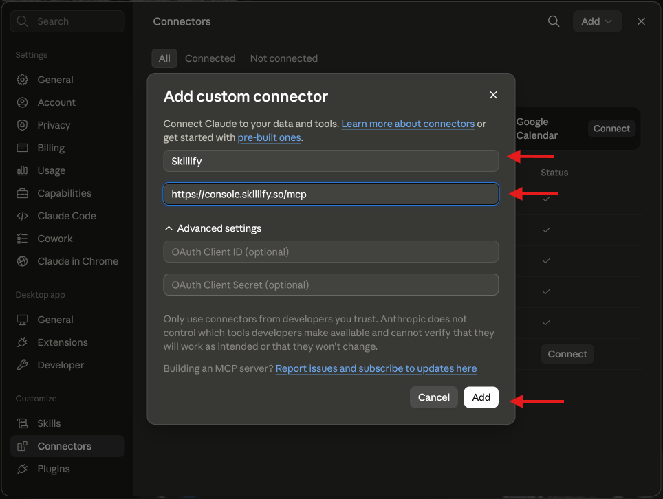 Claude custom connector Name and Remote MCP URL